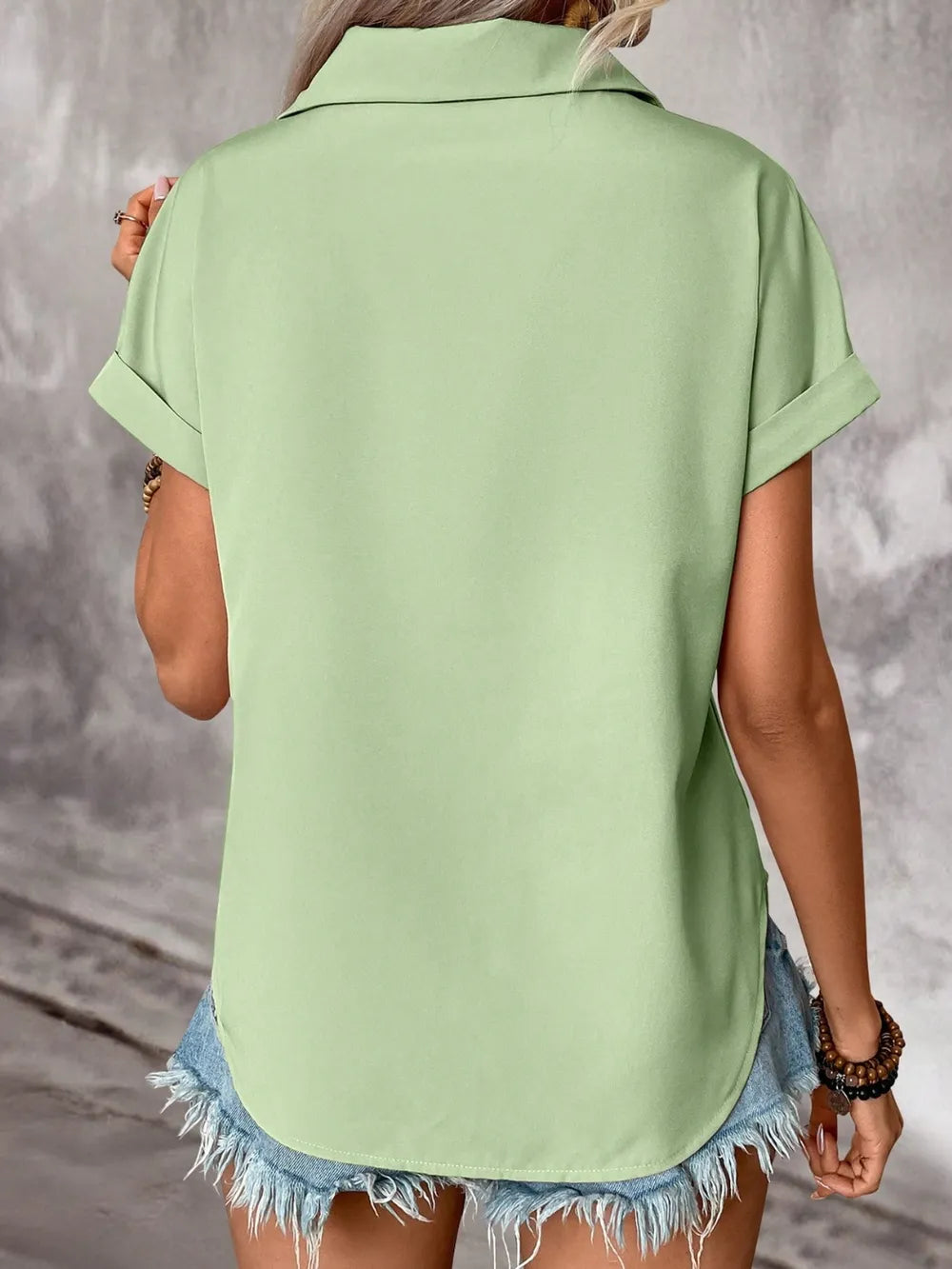 Pleated Detail Collared Neck Short Sleeve Shirt (15)