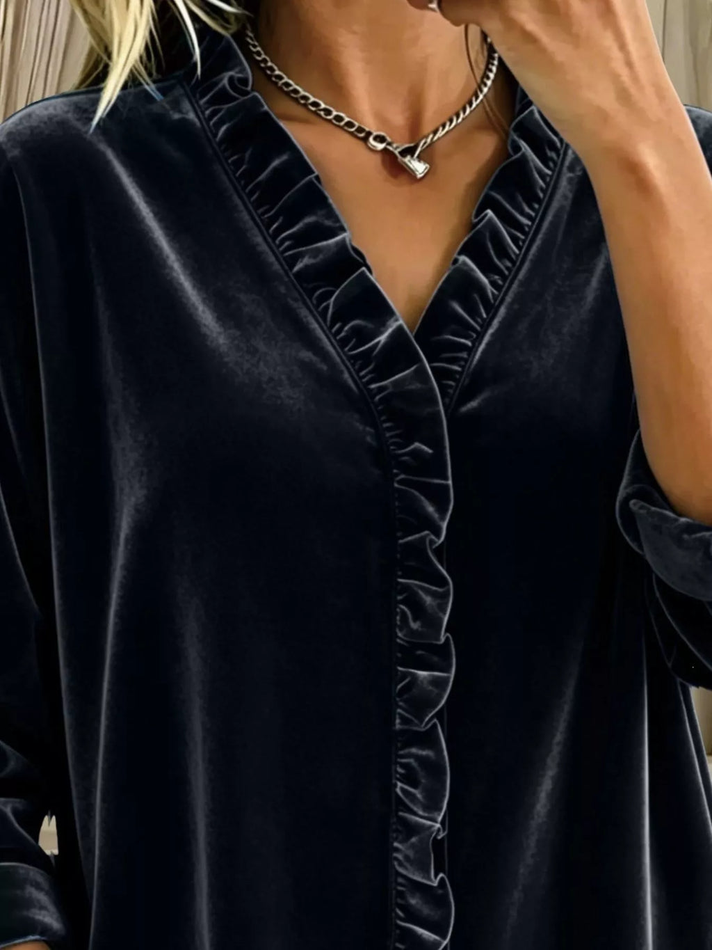 Velvet Frill V-neck Blouse (8)
