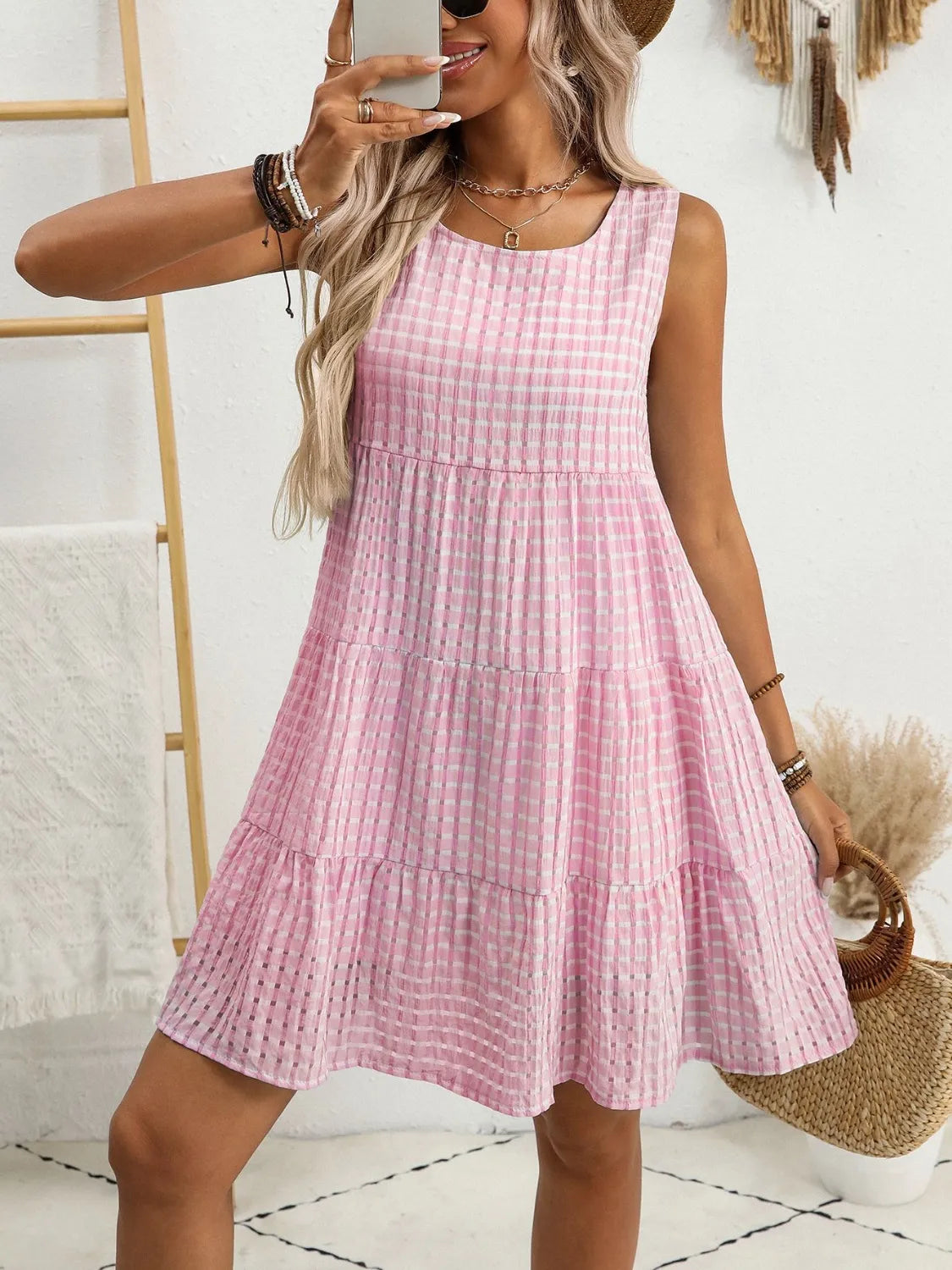 Plaid Round Neck Sleeveless Mini Dress (28)