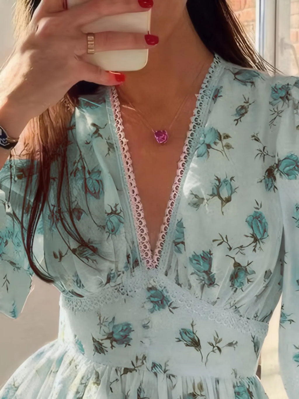 Full Size Floral Print Lace Detail V-neck Mini Dress Plus (2)