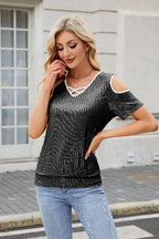 Sequin Crisscross V-neck Cold Shoulder Blouse (4)