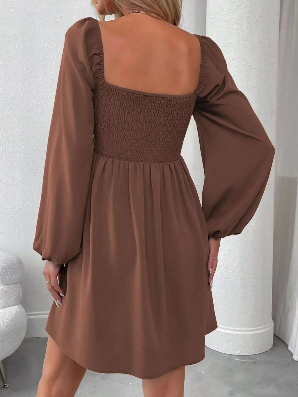 Ruched Square Neck Long Sleeve A-line Dress (20)