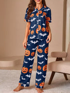 Halloween Pumpkin Bat Print Button-down Top Pants Lounge Set (2)
