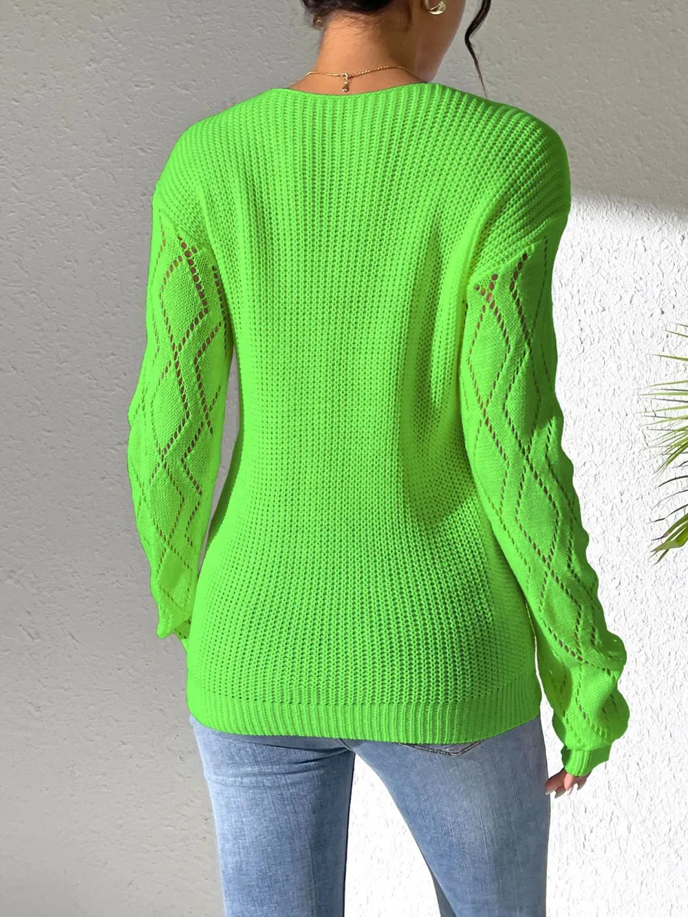 Openwork V-neck Long Sleeve Sweater (20)
