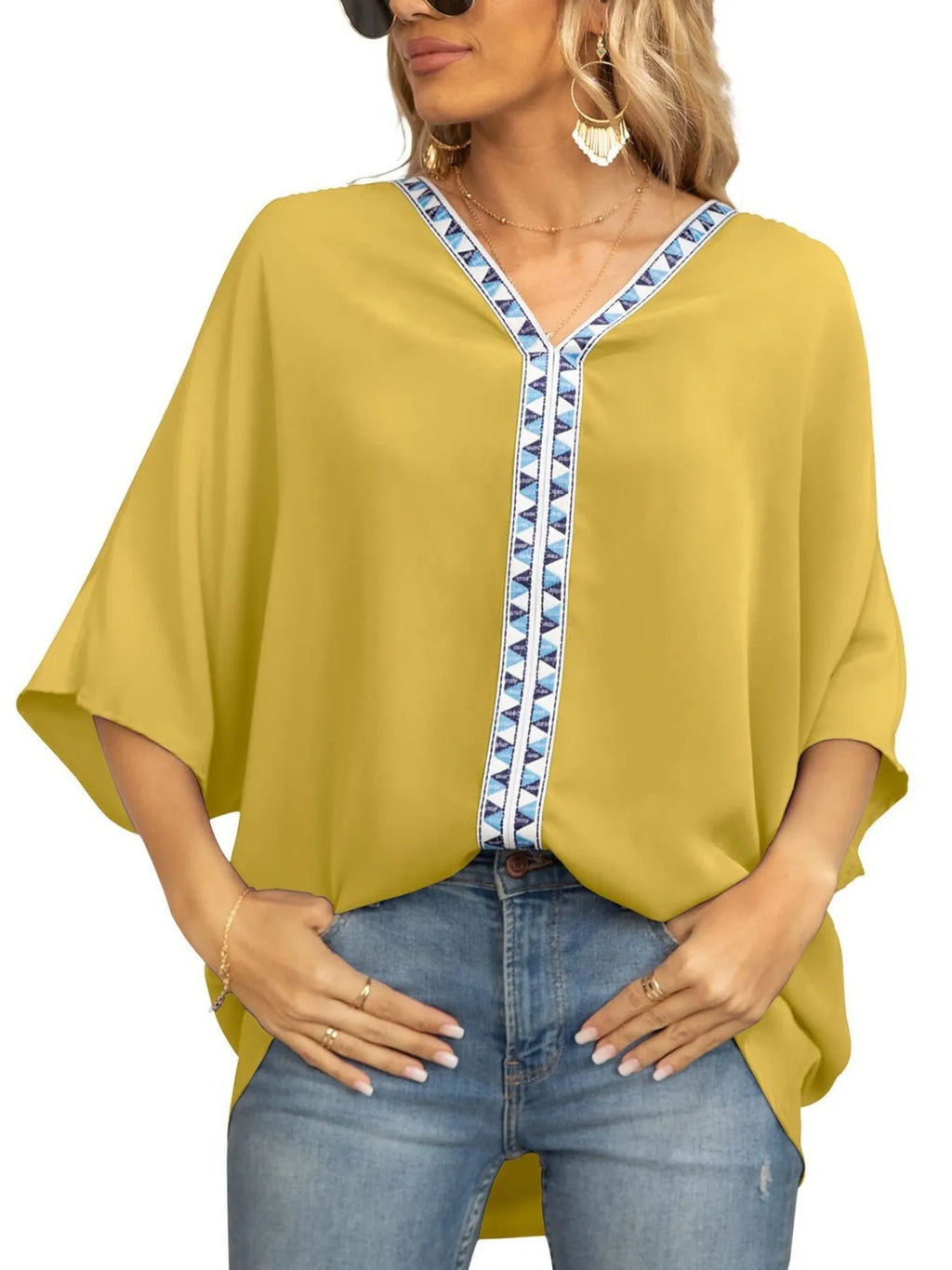 Oversized Contrast V-neck Half Sleeve Blouse (9)