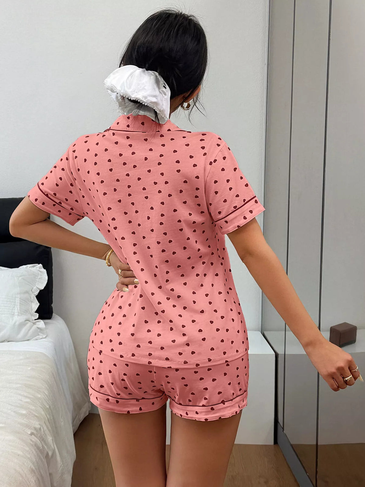 Heart Print Button-down Short Sleeve Top Shorts Lounge Set (6)