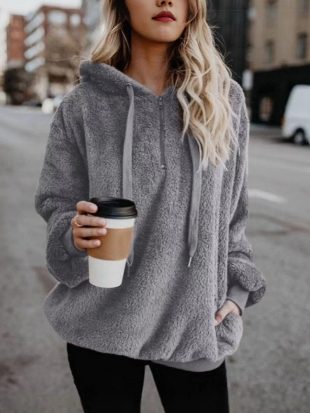 Full Size Half Zip Drawstring Fleece Hoodie Plus