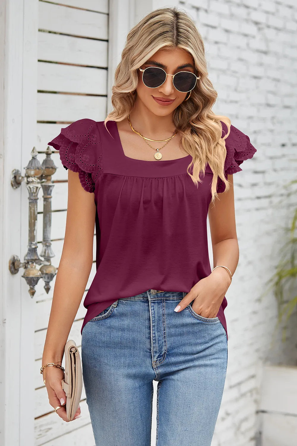 Eyelet Square Neck Cap Sleeve Blouse (22)