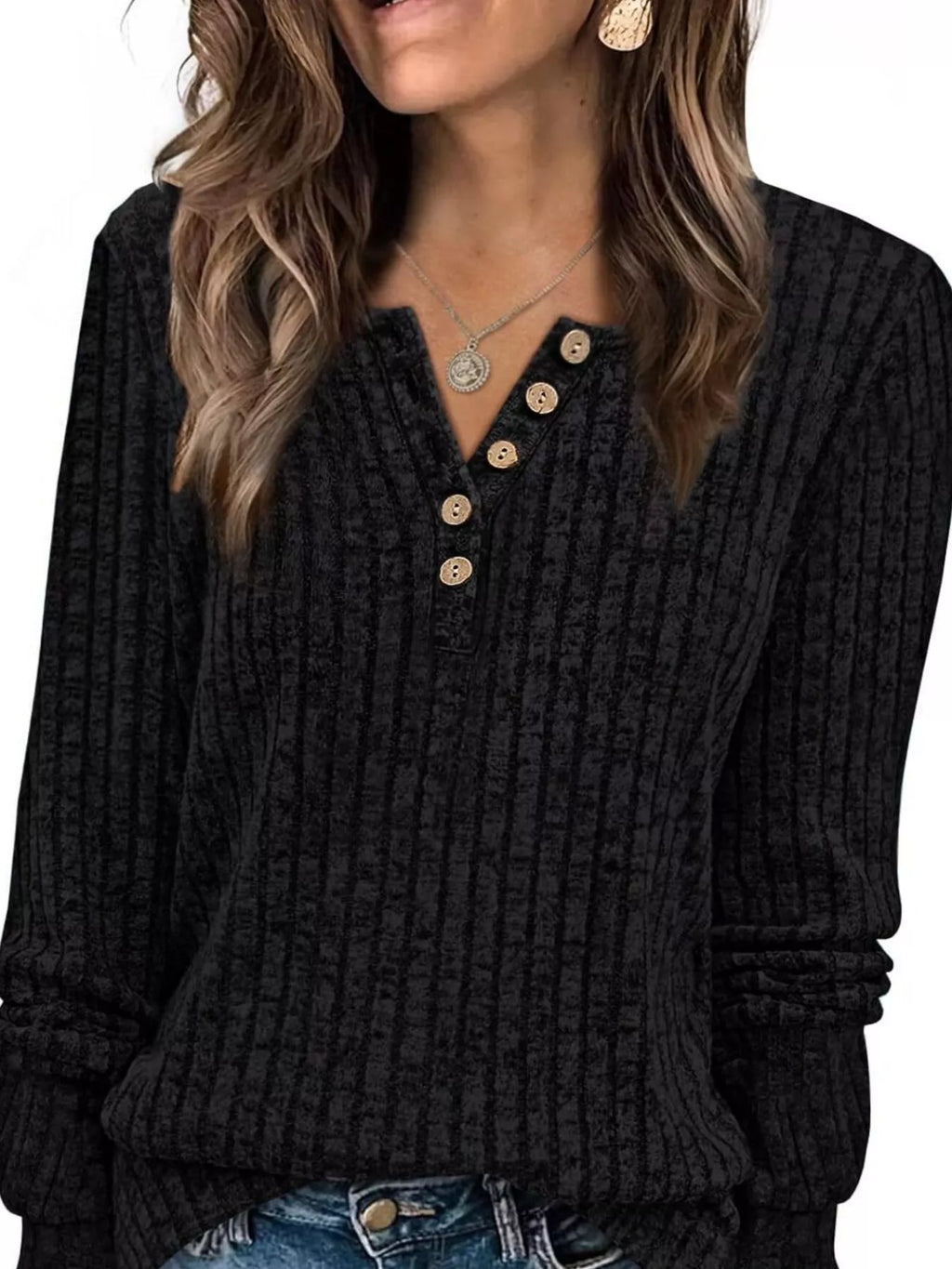 Ribbed Knit Button-front Long Sleeve T-shirt (5)