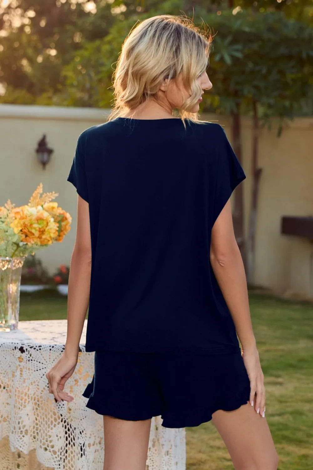 Round Neck Short Sleeve T-shirt Drawstring Shorts Lounge Set (9)