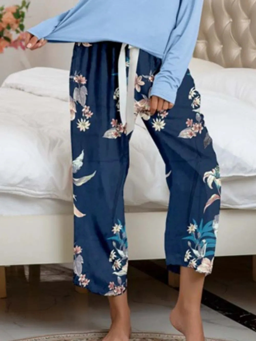 Round Neck Top Printed Pants Lounge Set (21)