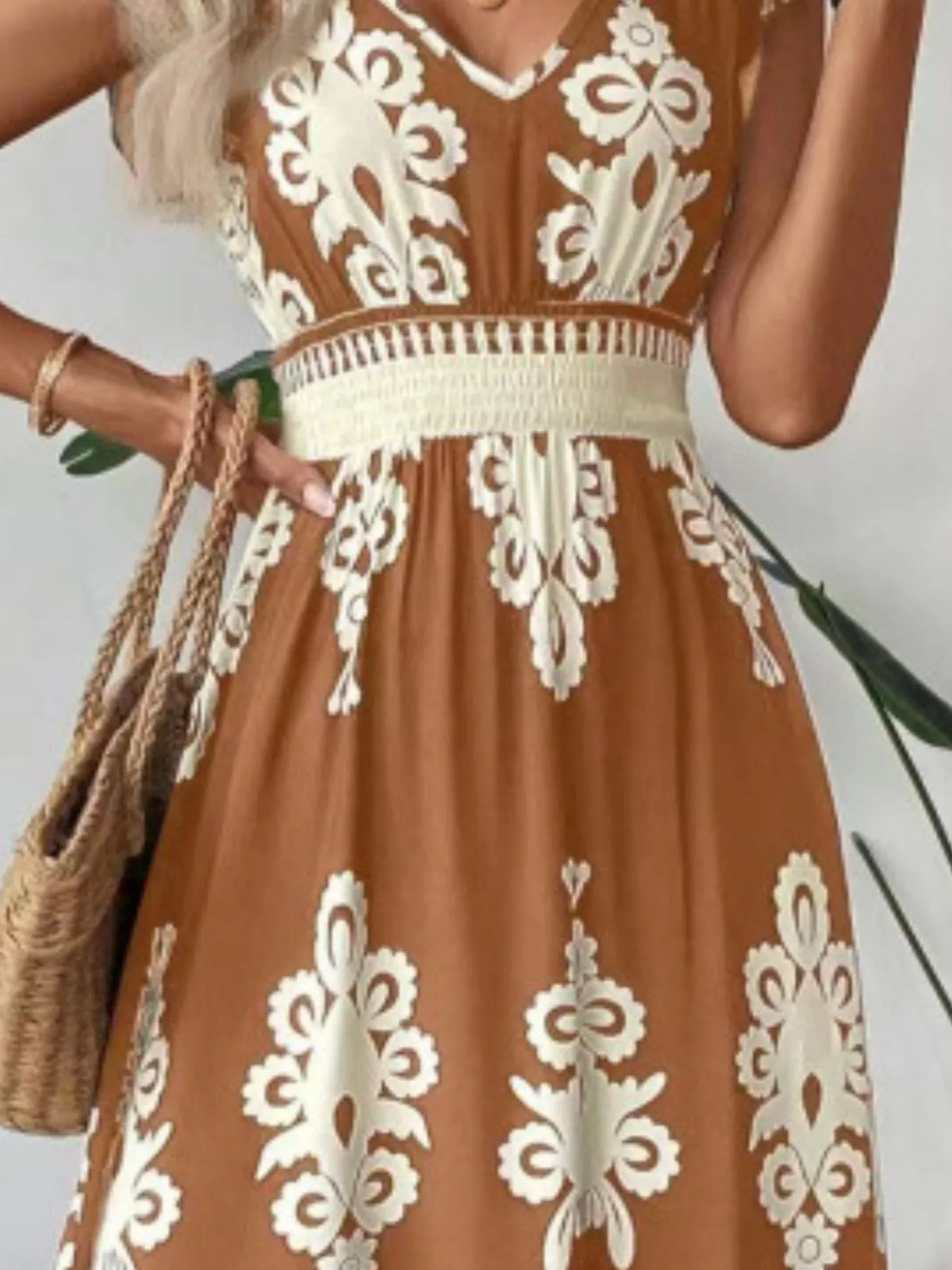 Printed V-neck Ruffled Cap Sleeve Dress (14)