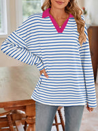 Striped Johnny Collar Long Sleeve T-shirt (4)