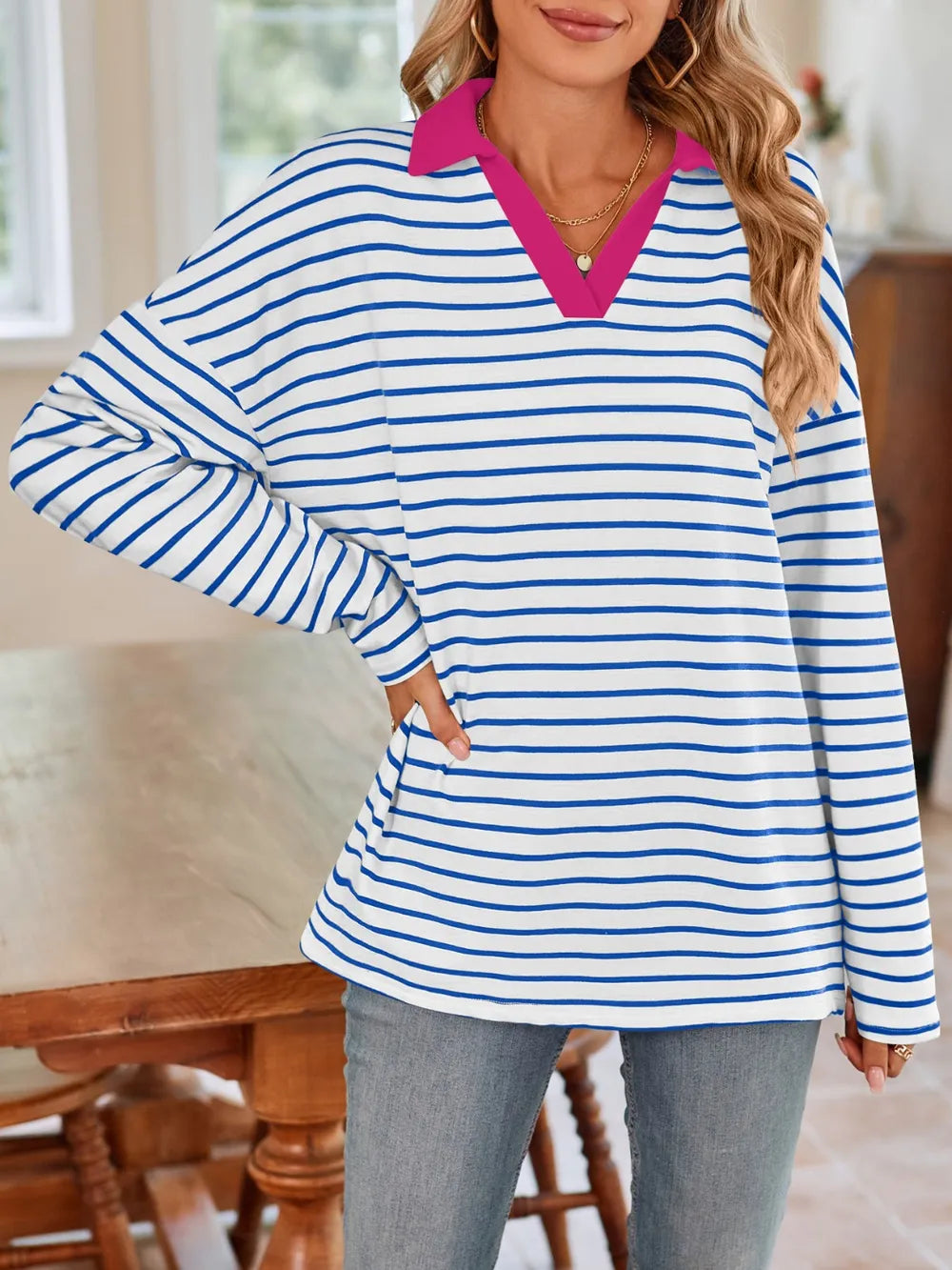 Striped Johnny Collar Long Sleeve T-shirt (4)