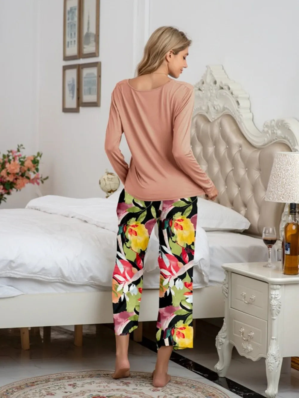 Round Neck Top Printed Pants Lounge Set (8)
