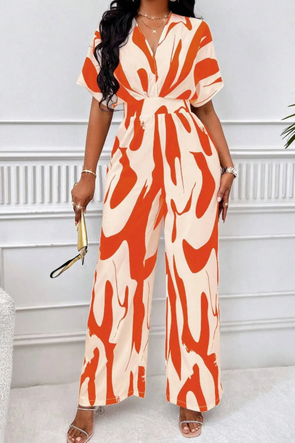 Printed V-neck Short Sleeve Wide Leg Jumpsuit (6)