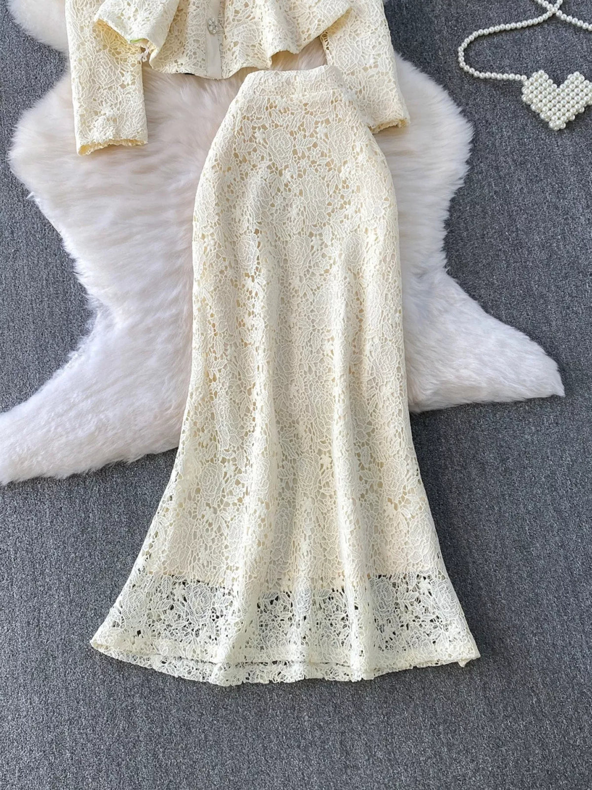 Lace Button Up Top Skirt Set (15)