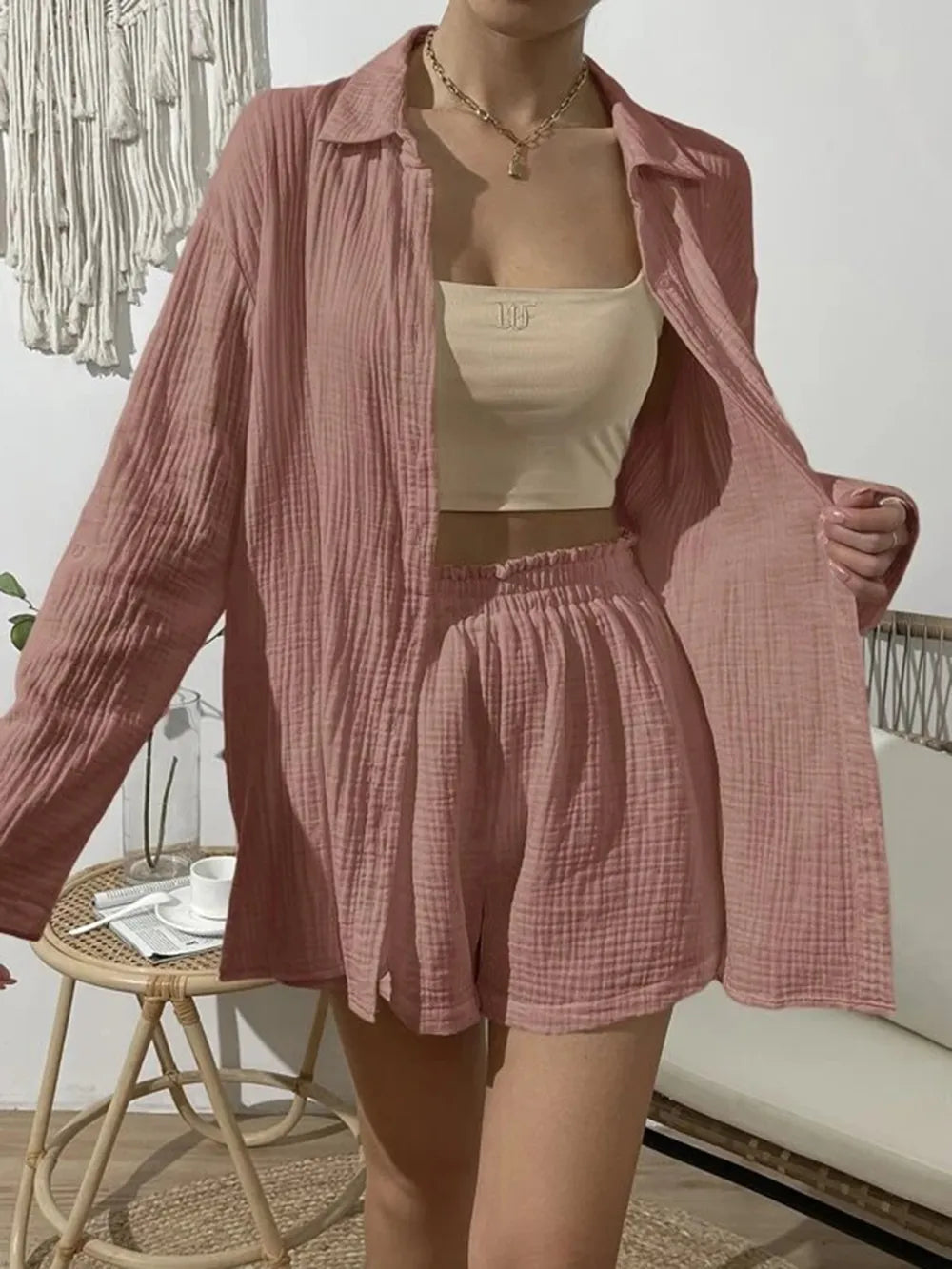 Dropped Shoulder Button Up Top Elastic Waist Shorts Set (22)