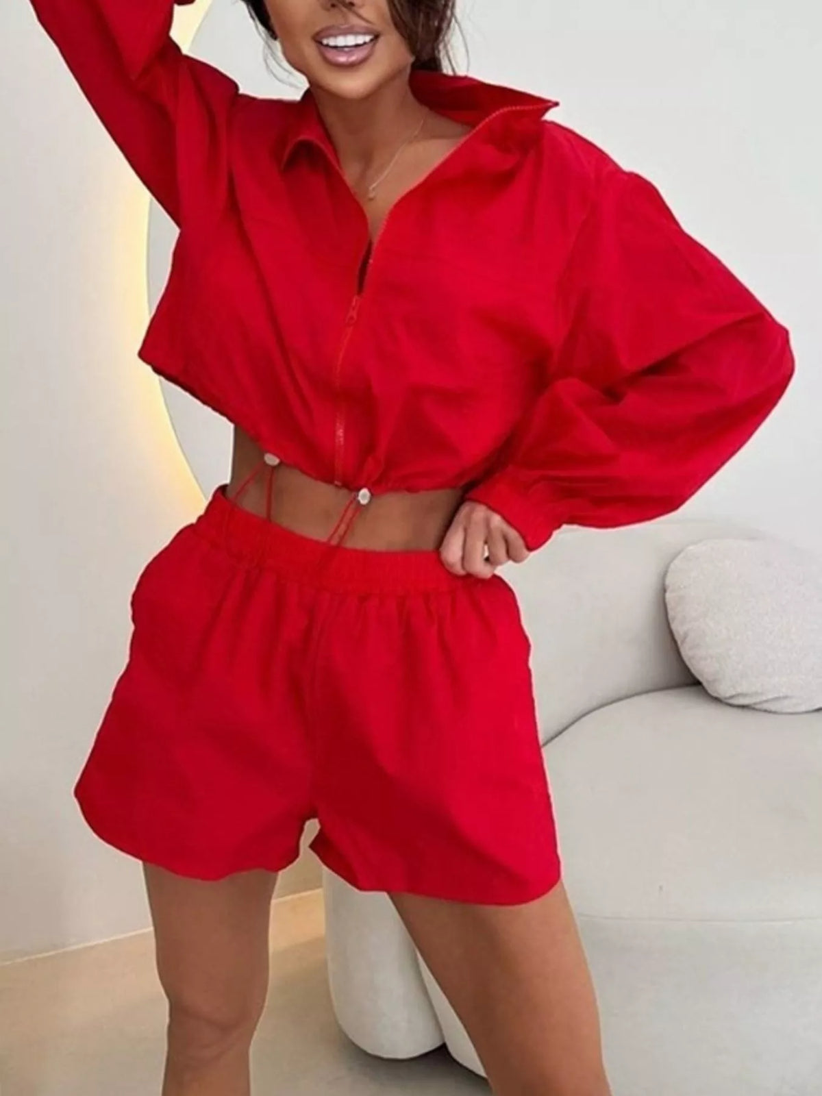 Zip-up Crop Jacket High-waisted Shorts Set (2)