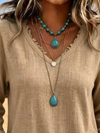 V-neck Frayed Hem Long Sleeve T-shirt (2)