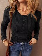 Full Size Ribbed Knit Button-front Long Sleeve Top Plus