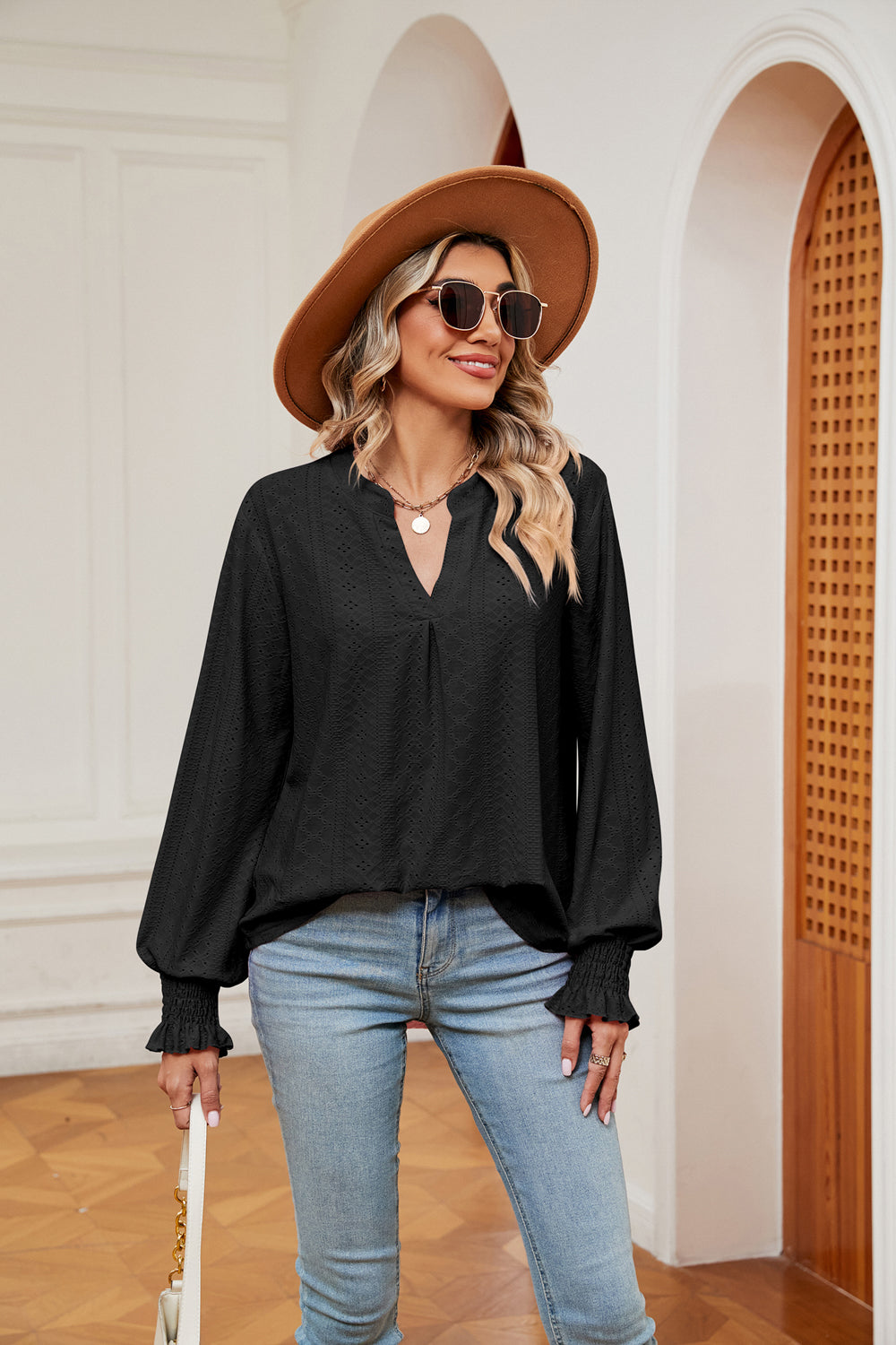 Notched Neck Flounce Sleeve Blouse (15)