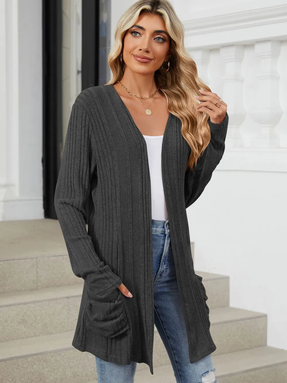 Pocketed Open Front Long Sleeve Cardigan (20)