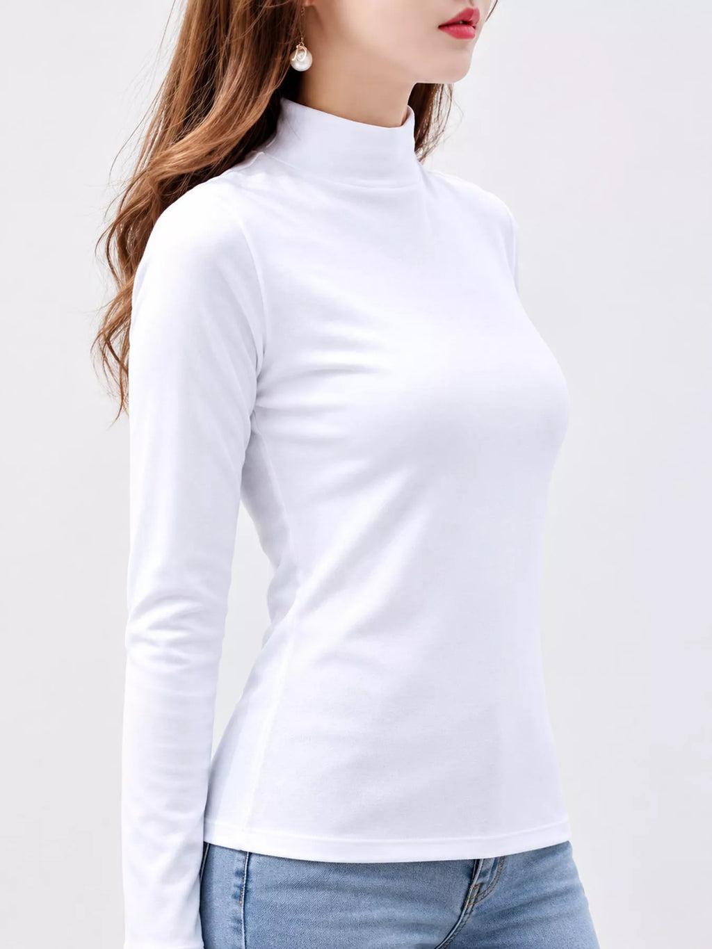 Full Size Slim-fit Mock Neck Long Sleeve Basic T-shirt Plus