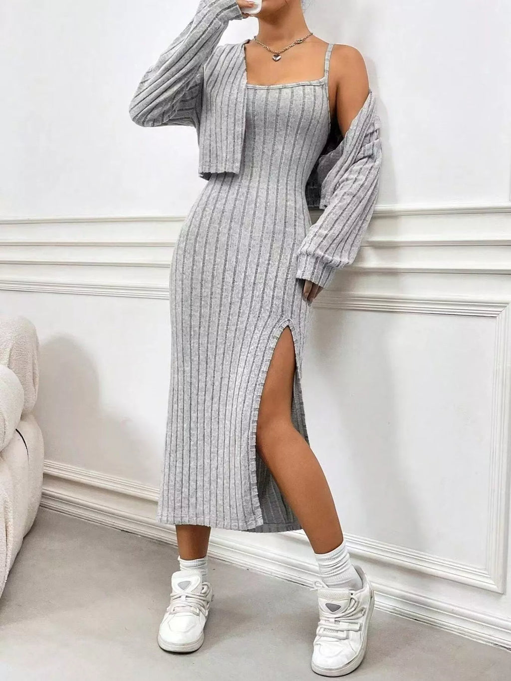 Ribbed Knit Cami Dress Cardigan Set (7)