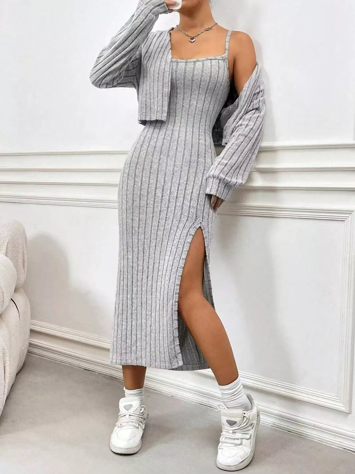 Ribbed Knit Cami Dress Cardigan Set (7)