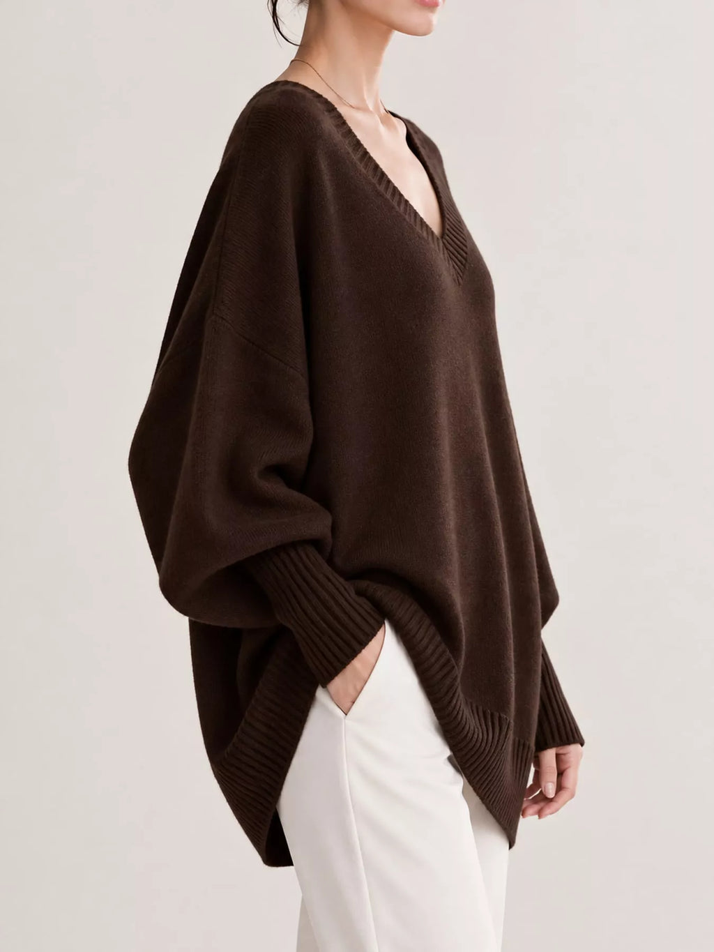 Full Size V-neck Oversized Batwing Sleeve Sweater Plus (39)