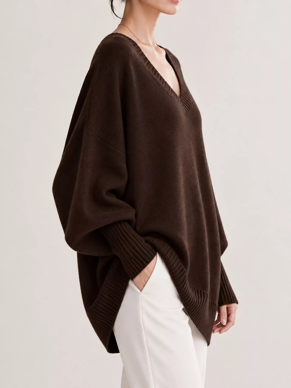 Full Size V-neck Oversized Batwing Sleeve Sweater Plus (39)