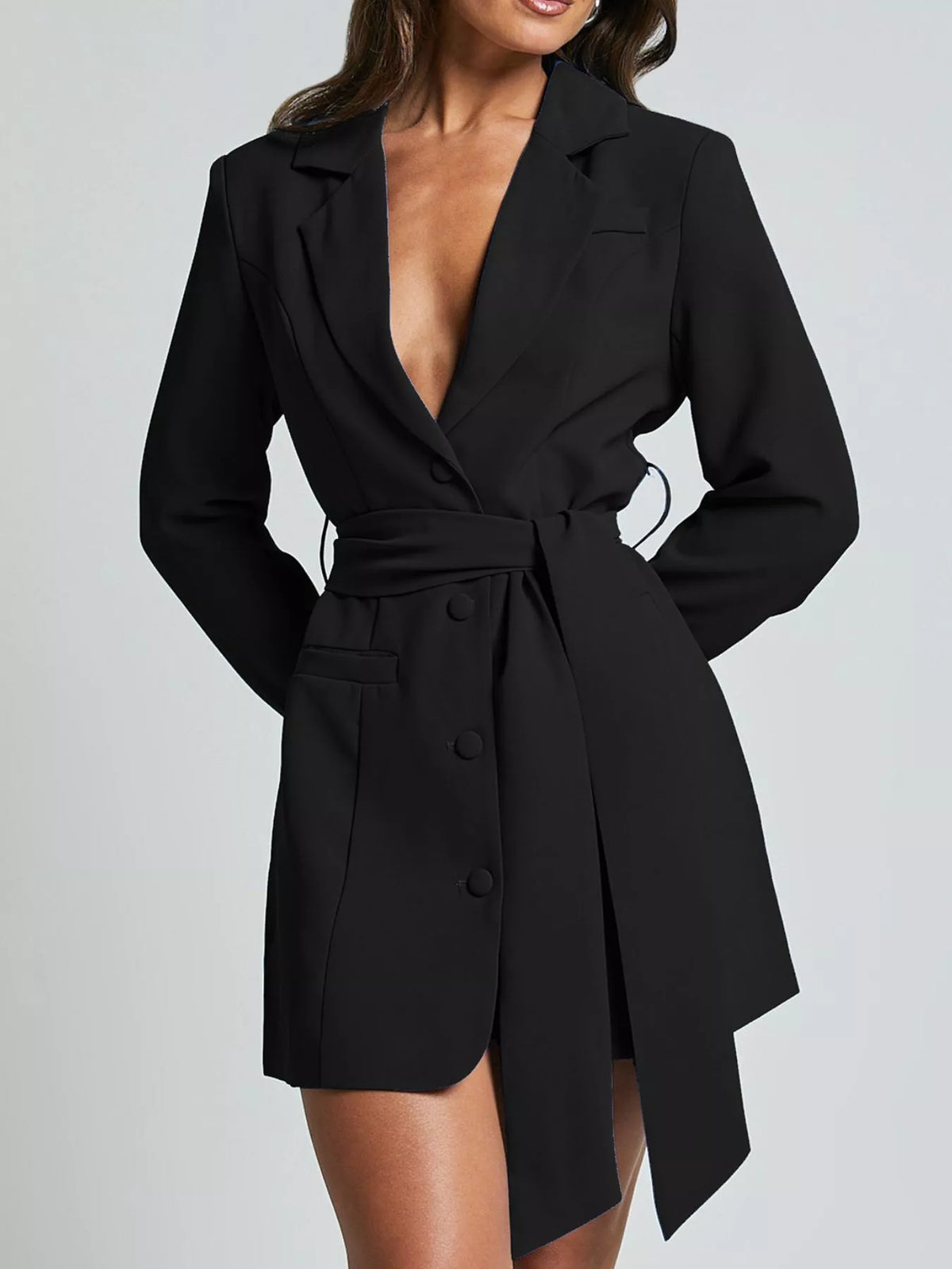 Lapel Collar Tie Waist Blazer (2)
