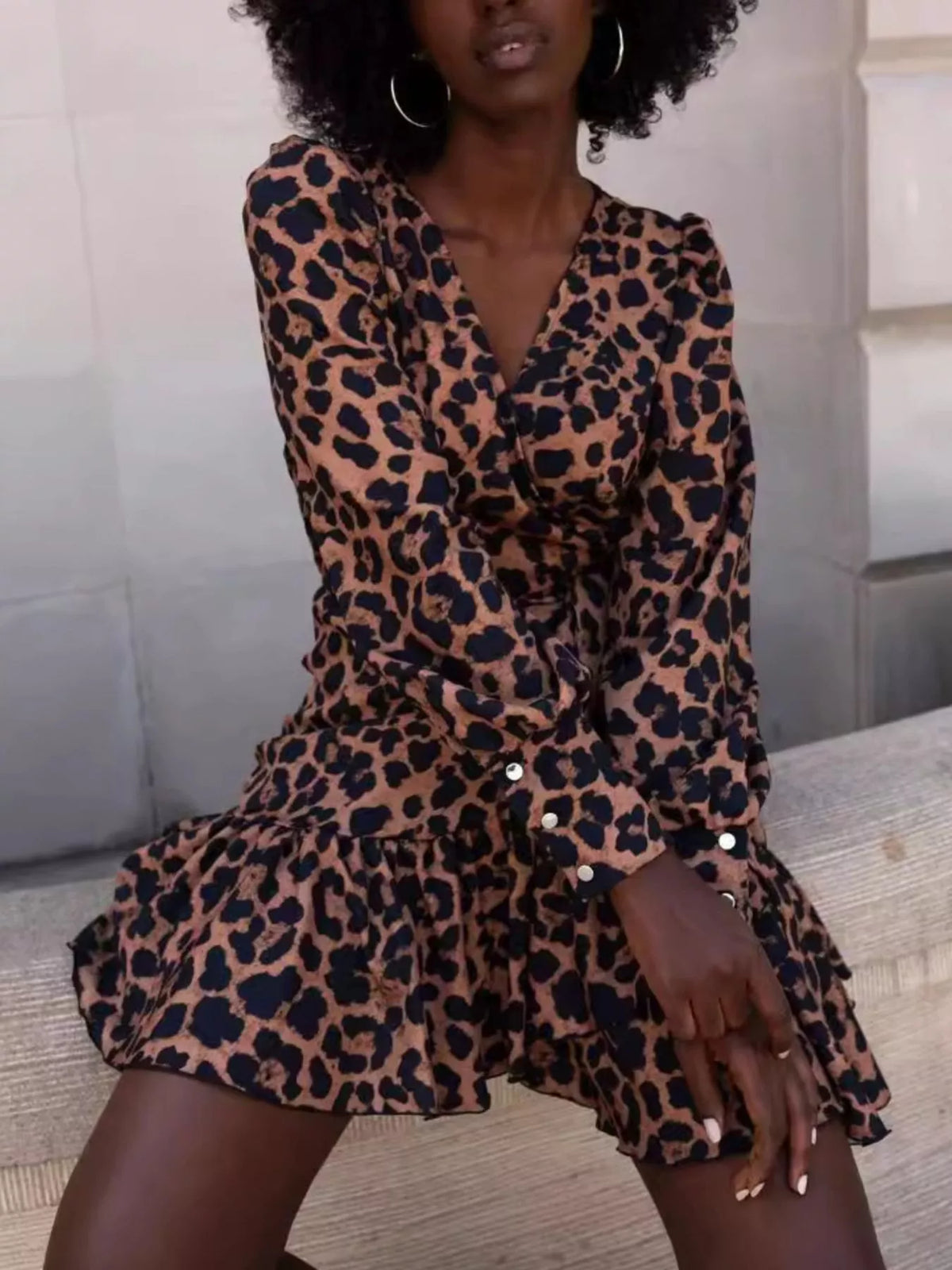 Printed Surplice Long Sleeve Wrap Mini Dress (2)
