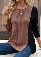 Block Ribbed Knit Decor Button T-shirt (17)
