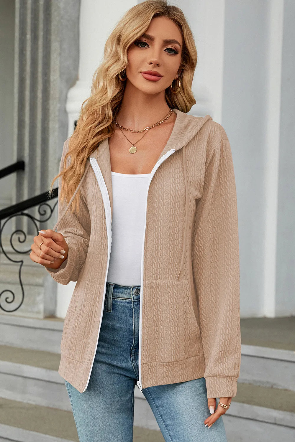 Drawstring Zip Up Long Sleeve Hoodie (14)