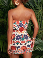 Floral Print Strapless Elastic Waist Romper (3)