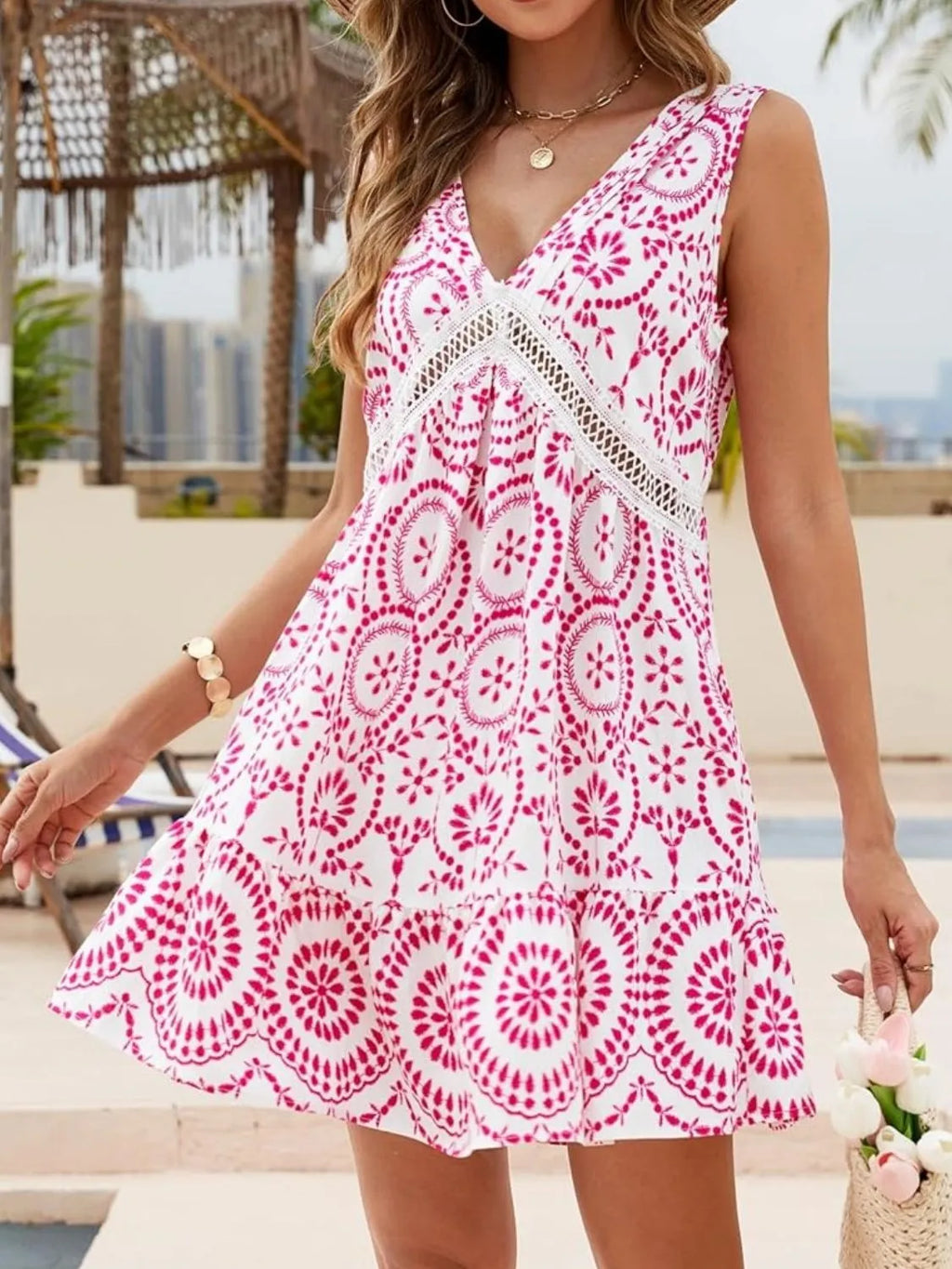 Printed V-neck Sleeveless Mini Dress
