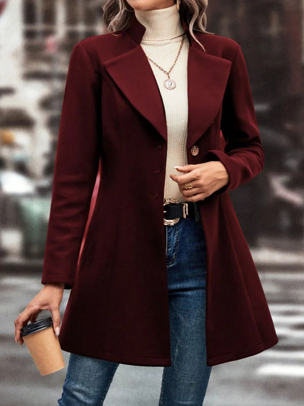 Collared Neck Button Up Long Sleeve Coat (3)