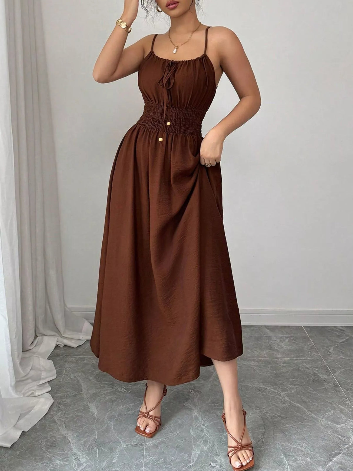 Smocked Spaghetti Strap Midi Dress (11)