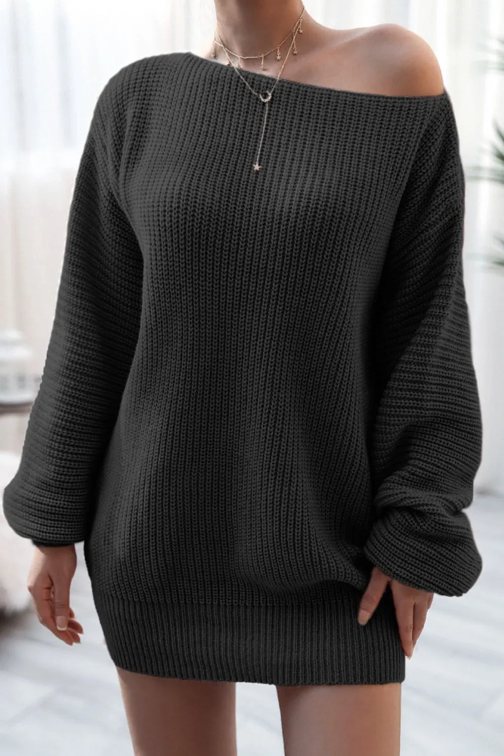 Boat Neck Long Sleeve Mini Sweater Dress (11)