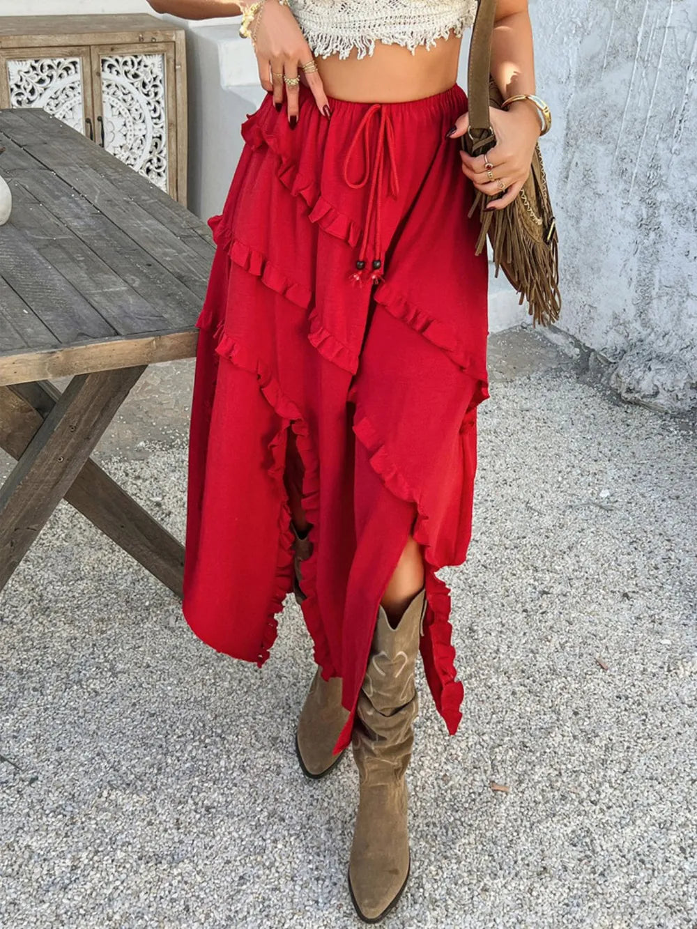 Slit Drawstring Ruffled Skirt (16)
