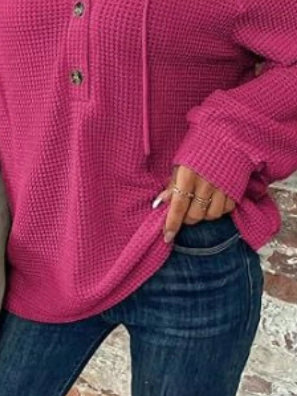 Waffle Knit Button Detail Hoodie (26)