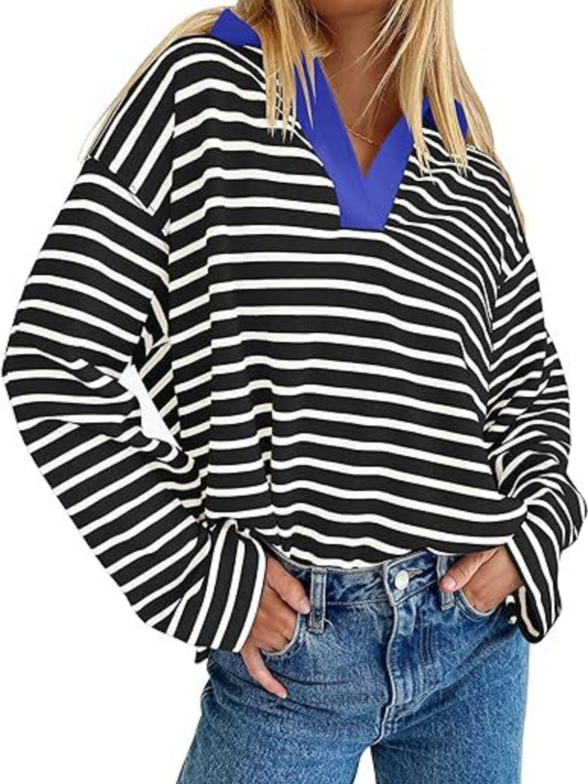 Striped Contrast Collar Long Sleeve Top (13)