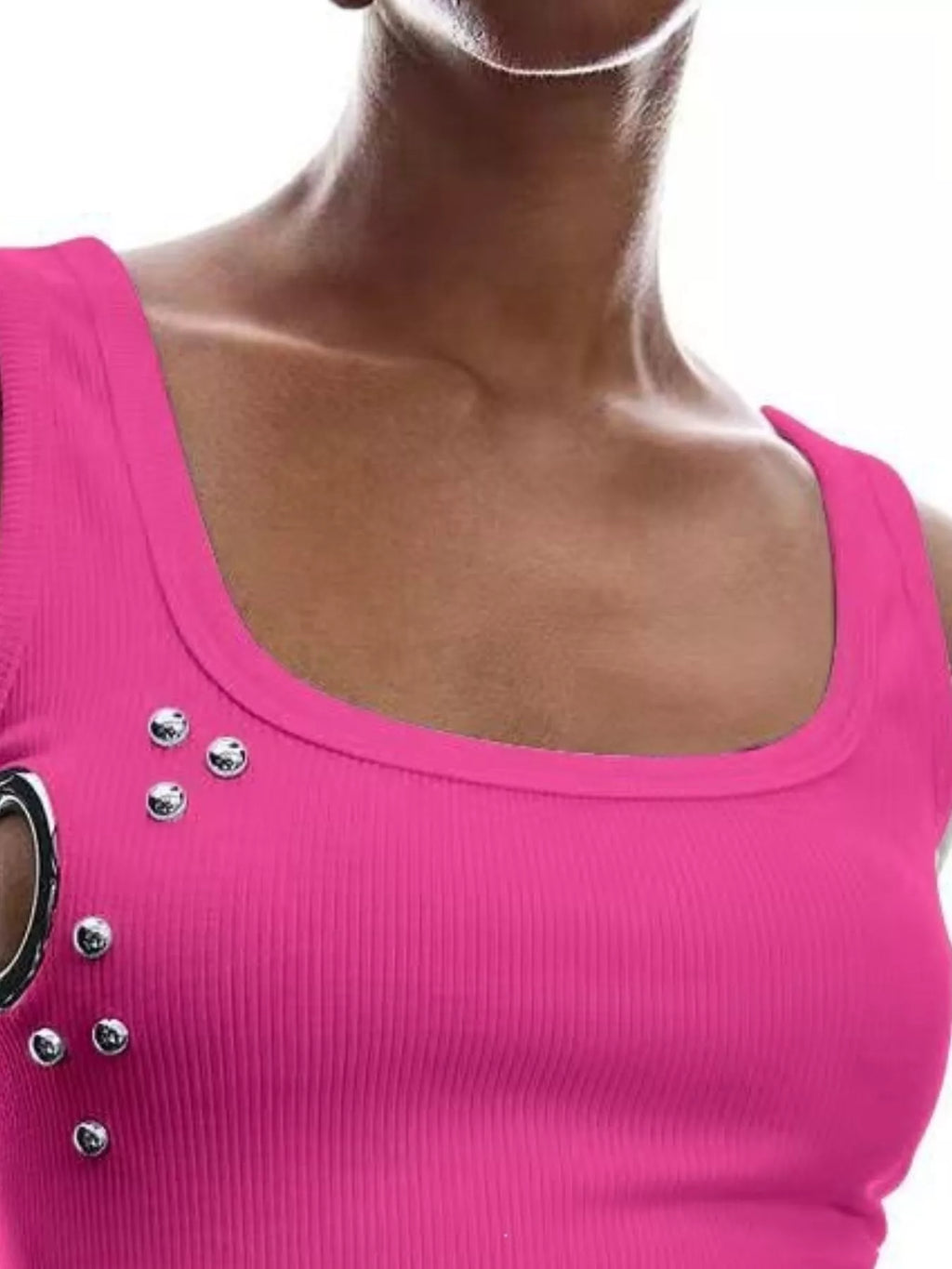 Ribbed Tank Top Metal Grommet Cutouts Stud Embellishments (20)