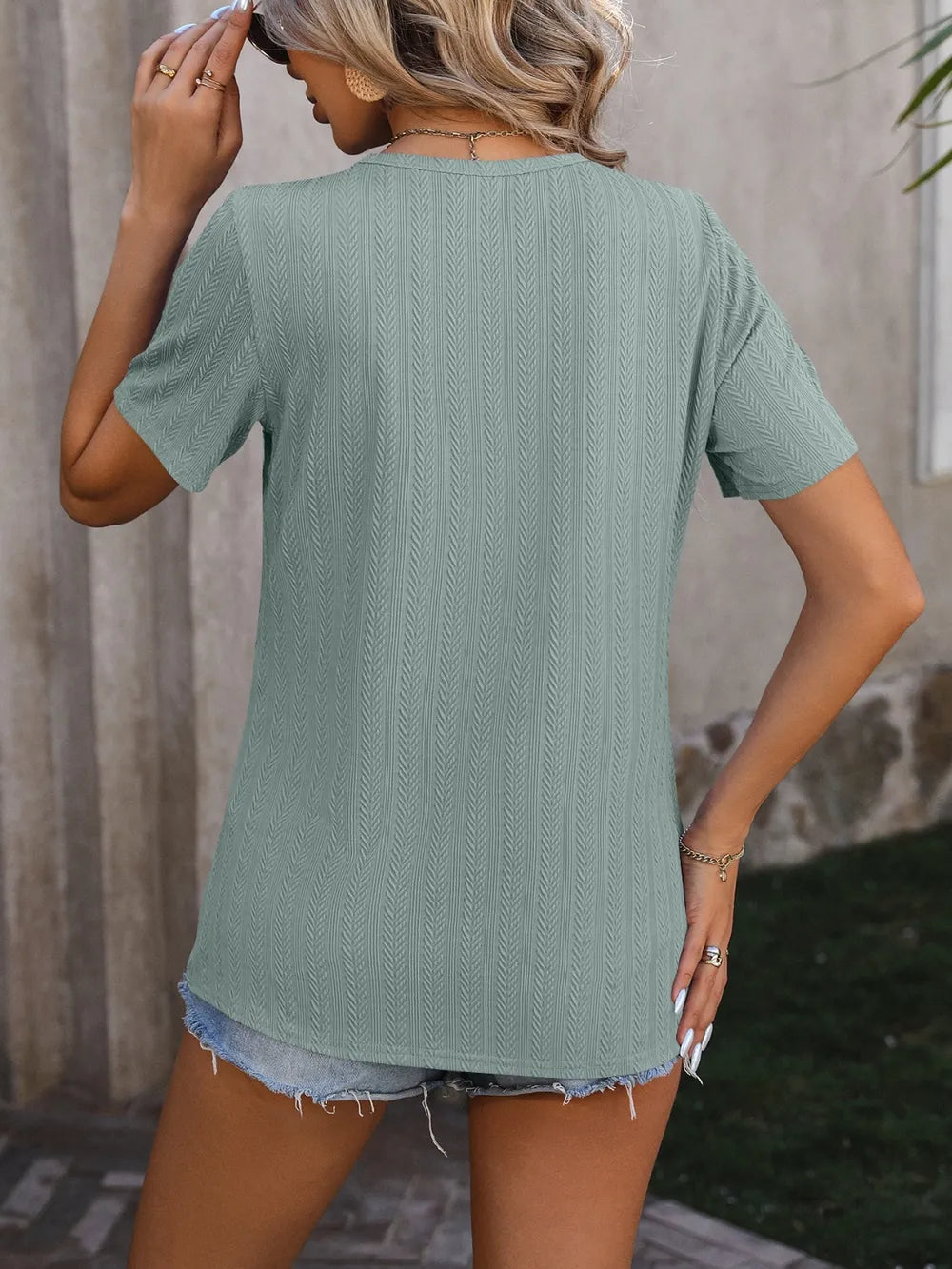 Decorative Button Round Neck Short Sleeve Blouse (16)