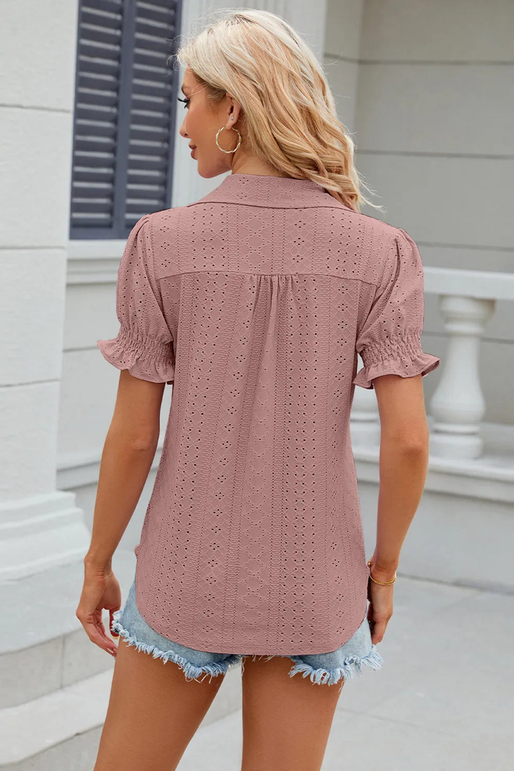 Eyelet Johnny Collar Short Sleeve Blouse (16)