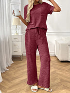 Ribbed Knit Short Sleeve Top Pants Lounge Set (10)