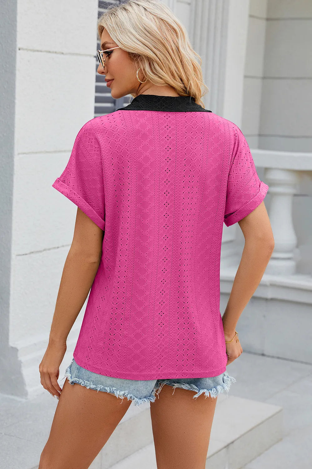 Eyelet Johnny Collar Short Sleeve T-shirt (8)