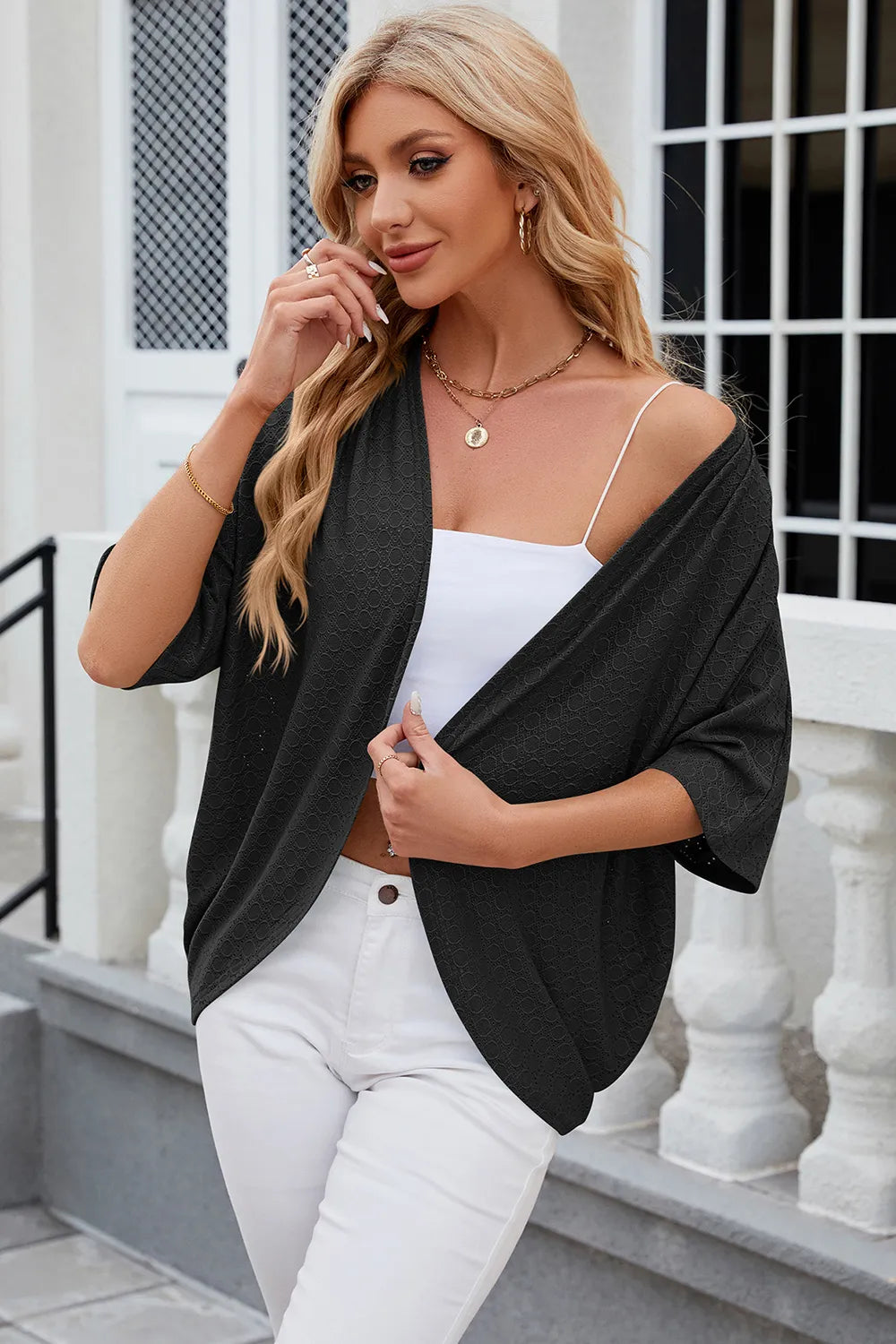 Eyelet Open Front Half Sleeve Cardigan (18)